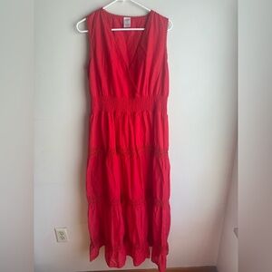 Women’s Elegant Red Sleeveless Dress Maxi Tiered 100% Cotton Size XL